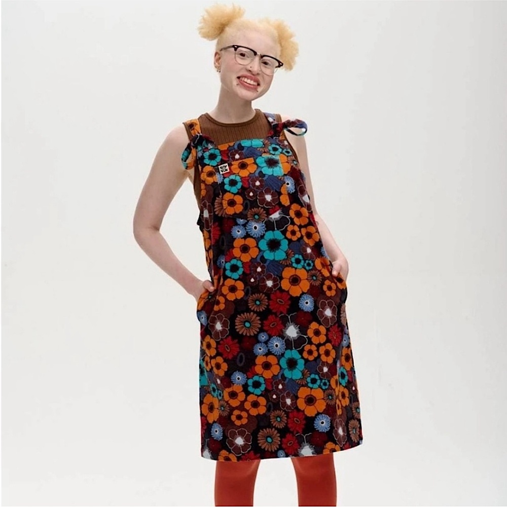 Lucy & Yak Floral Midi Pinafore Dress in Brown, Orange, Teal